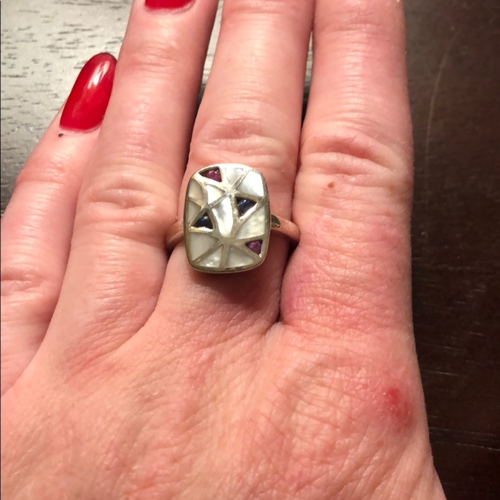 Sterling silver opal, ruby and sapphire ring